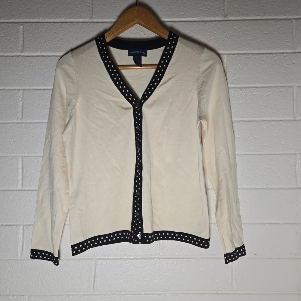 Vtg‎ Silk Cotton Cardigan Medium Cream Polka Dot Sweater Quiet Luxury Preppy